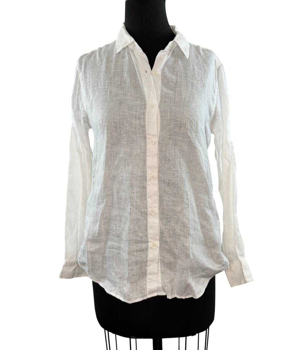 UNIQLO White Linen Collared Curved Hem Classic Button-Up Shirt Size Small S